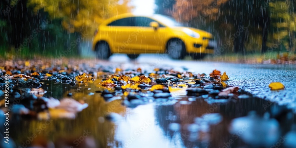 Fototapeta premium Yellow Car on Wet Road