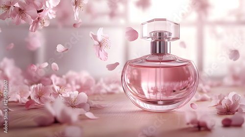Elegant glass perfume bottle surrounded by floating cherry blossoms, creating serene and fragrant atmosphere. soft pink hues and delicate petals enhance luxurious feel of scene