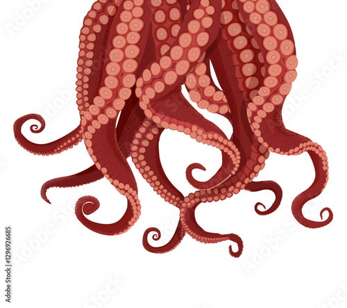 Tentacles octopus and cuttlefish. Purple tentacles kraken red suckers approach their prey deep vector underwater cartoon monster causing fear, inevitability.