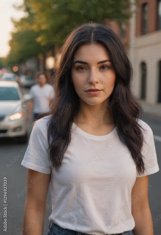 Fototapeta premium Beautiful woman in white tshirt, mockup image