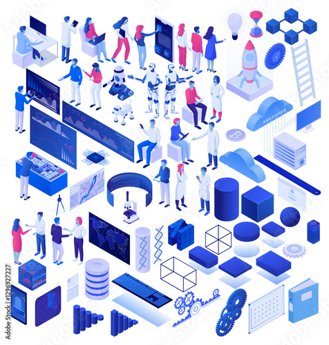 Cartoon working science and hi tech people isometric vector graphic illustration. Colorful character use technologies and programming isolated on white background. Modern techno concept