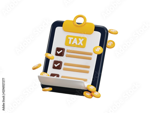 cardboard with tax paper icon 3d render concept of Filling tax form. Tax payment, accounting, financial management, corporate tax, taxable income paper