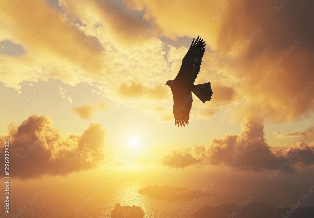 Fototapeta premium Majestic bird soaring through golden sky with clouds at sunset, capturing the essence of freedom and beauty in nature's breathtaking landscape