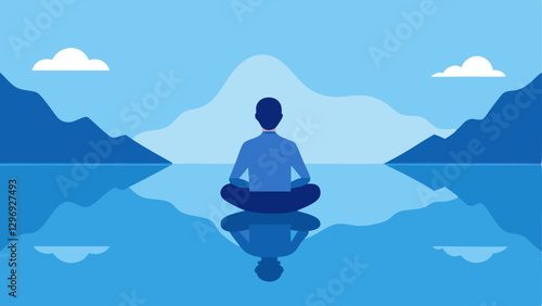 Waterfront Calm An illustration of a person sitting by a calm lake reflecting on the waters surface as they meditate. Gentle ripples suggest tranquility with mountains in the