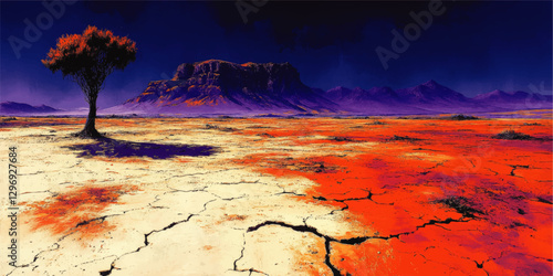 Vivid Vector Illustration of Desert Landscape with Lone Tree and Majestic Mountains Against Deep Blue Sky - Dry Cracked Earth and Colorful Horizon Scenery