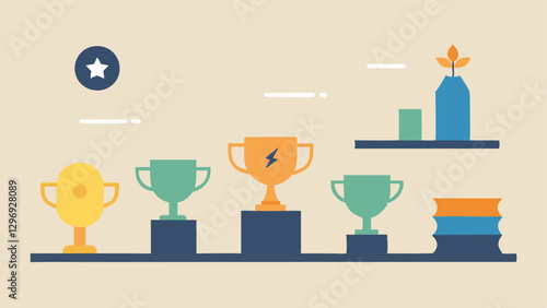 Trophy Wall A wall filled with trophies labeled Achieved through Learning representing accomplishments from growth juxtaposed with a dusty shelf holding one trophy labeled Natural