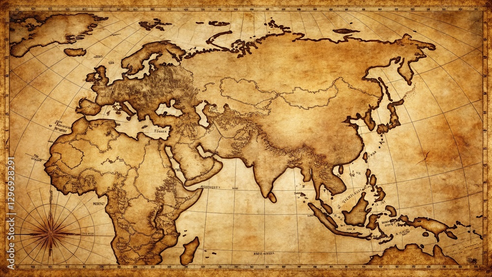 Obraz premium Vintage Asia Map: Highly Detailed Geographic Antique Style Illustration