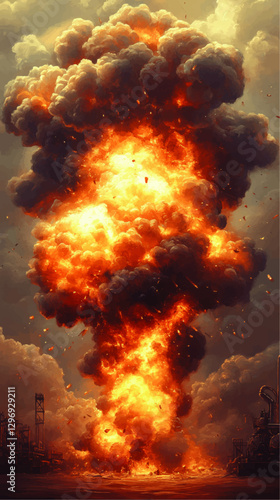 Dramatic Vector Image of Massive Fiery Explosion with Billowing Smoke at Industrial Factory Site - Intense Blast Aftermath in High-Resolution Digital Art