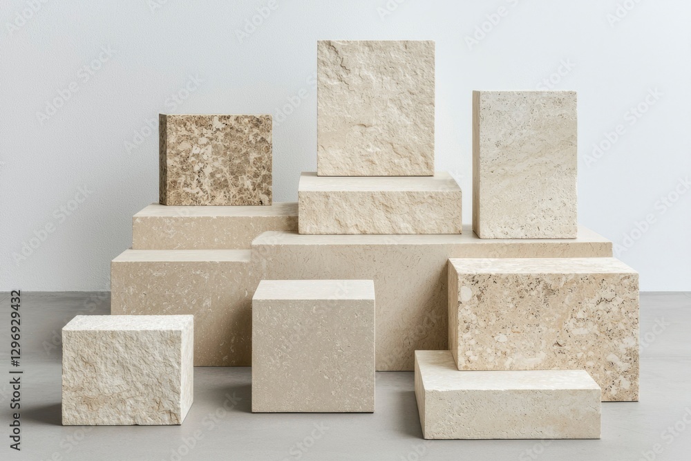 Display of beige stone blocks on gray surface for product presentation, studio shot Display of beige stone blocks on gray surface for product presentation, studio shot