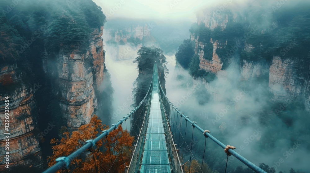 Fototapeta premium Majestic Suspension Bridge Surrounded by Misty Mountain Landscapes and Lush Greenery in a Serene Environment