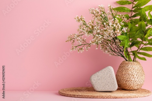 Flower display on the table against the wall, use as a beauty, fashion concept