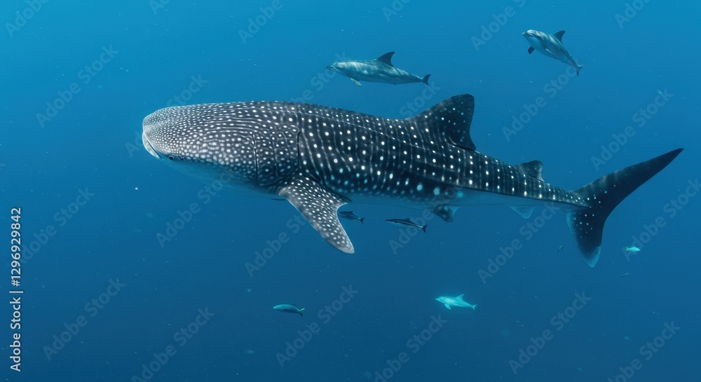 Naklejka premium Majestic Whale Shark with Dolphins in the Ocean Depths