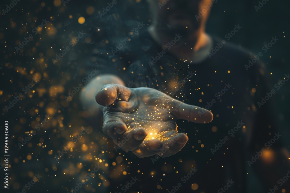 Fototapeta premium Mysterious man with glowing particles above hand on dark background