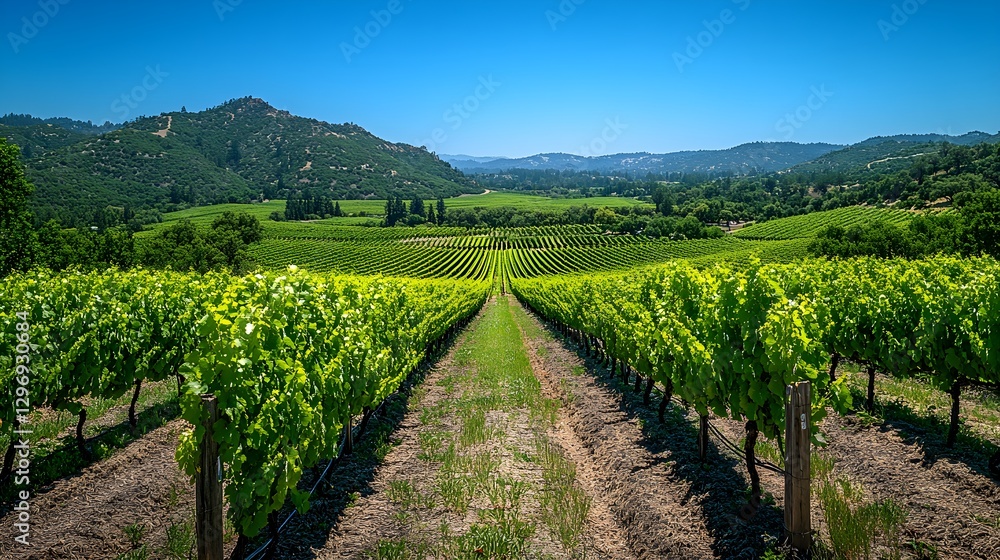 Fototapeta premium Expansive Green Vineyard Under Clear Blue Skies – Generative AI
