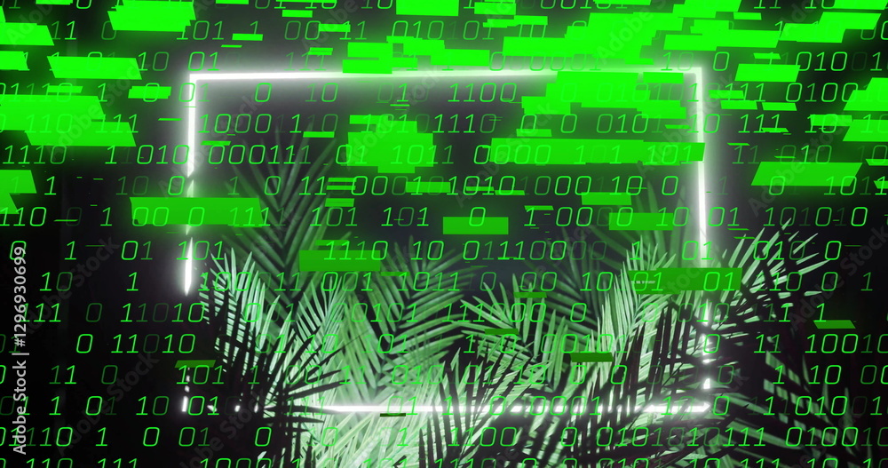 Obraz premium Binary code and data processing image over tropical palm leaves