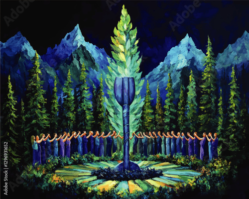 Majestic Mountain Landscape with Pine Trees, Illuminated Forest Ritual, Human Circle around Abstract Plant Sculpture under Midnight Sky