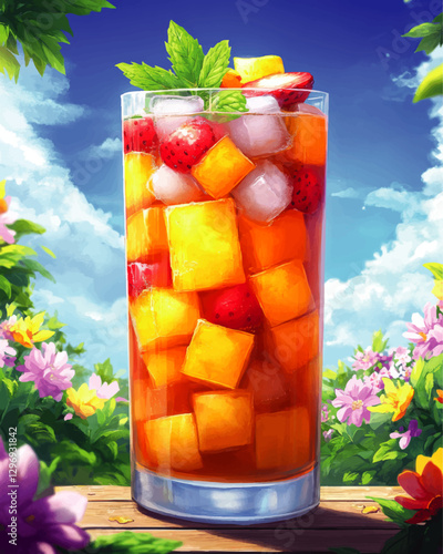 Refreshing Summer Fruit Drink in Tall Glass with Ice Cubes and Mint Garnish Amid Vibrant Garden and Clear Blue Sky - Perfect for Tropical Fruit Beverage Lovers