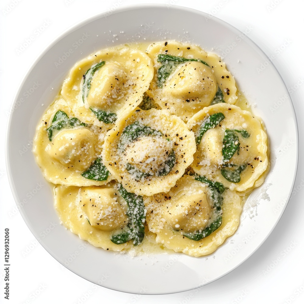 Fresh ricotta spinach ravioli in butter sage sauce plate Fresh ricotta spinach ravioli in butter sage sauce plate