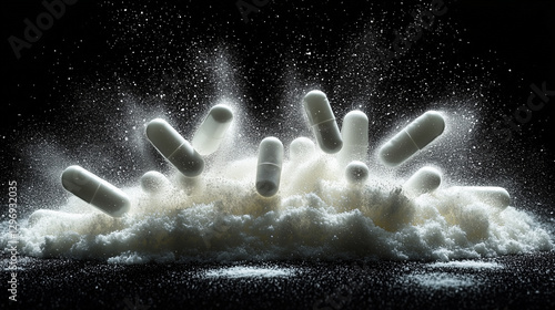 White capsules falling into a cloud of powdered substance create a dynamic display of motion and contrast