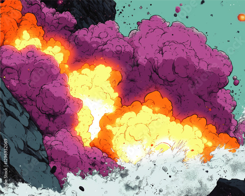 Dynamic Vector Illustration of Vibrant Explosive Motion with Colorful Purple and Orange Smoke, Rugged Rocks, and Dynamic Energy for Graphic Design Inspiration