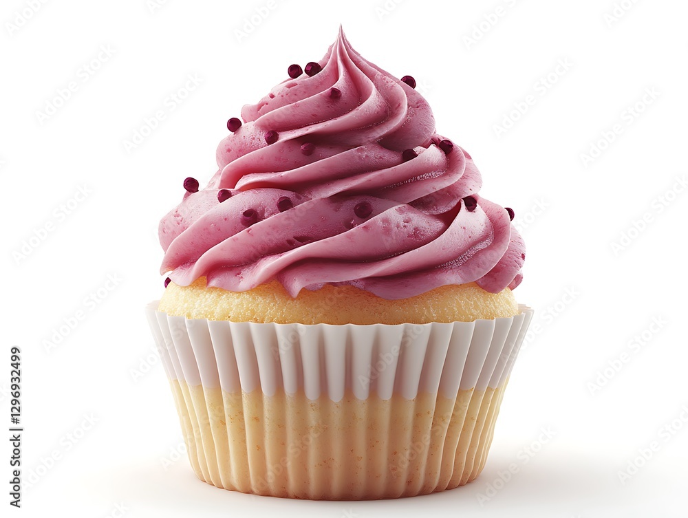 there is a cupcake with pink frosting on a white surface