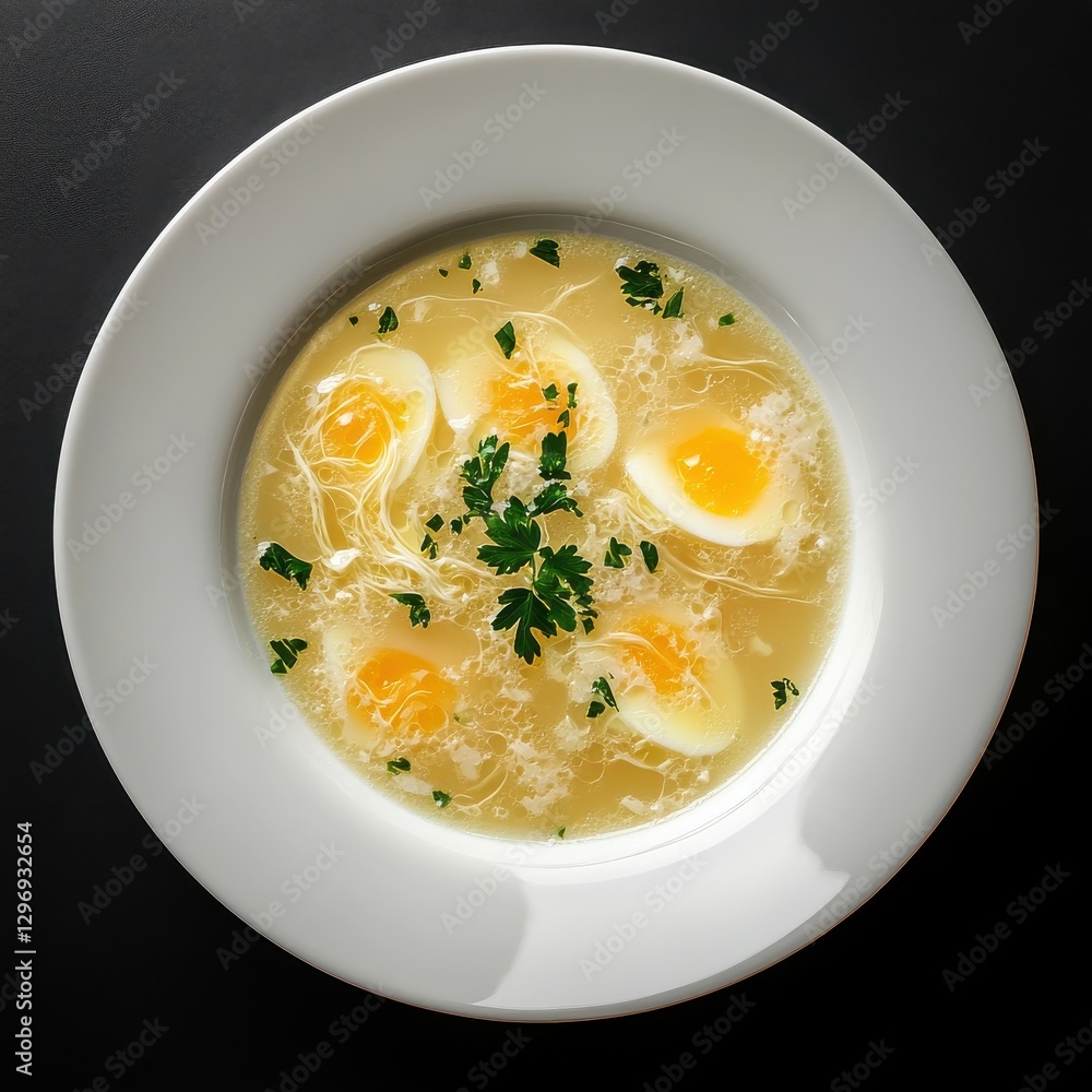 Elegant stracciatella soup with egg in clear broth garnished Elegant stracciatella soup with egg in clear broth garnished