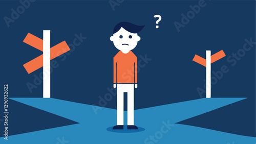 Tired Person at a Crossroad A figure standing at a fork in the road looking confused and exhausted with multiple signposts pointing in different directions.