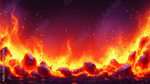 Epic Fiery Landscape Vector Illustration with Molten Lava and Rocks Under Dramatic Purple and Orange Sky | Explosive Volcanic Eruption Background Design