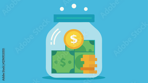 Savings Jar An illustration of a glass jar labeled Retirement Abroad filled with coins and dollar bills symbolizing the act of saving specifically for relocating.