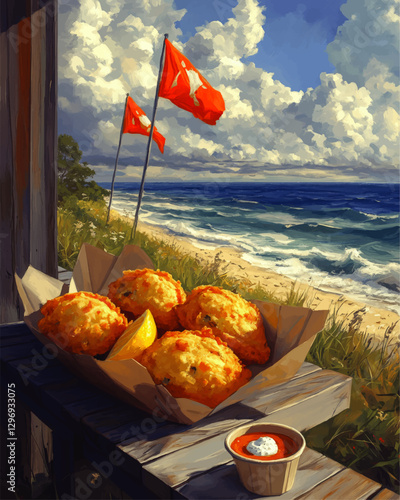 Delicious Sea Breeze Picnic: Crispy Fried Hush Puppies with Lemon and Sauce, Set Against Scenic Ocean View and Red Warning Flags Under a Cloud-Filled Sky