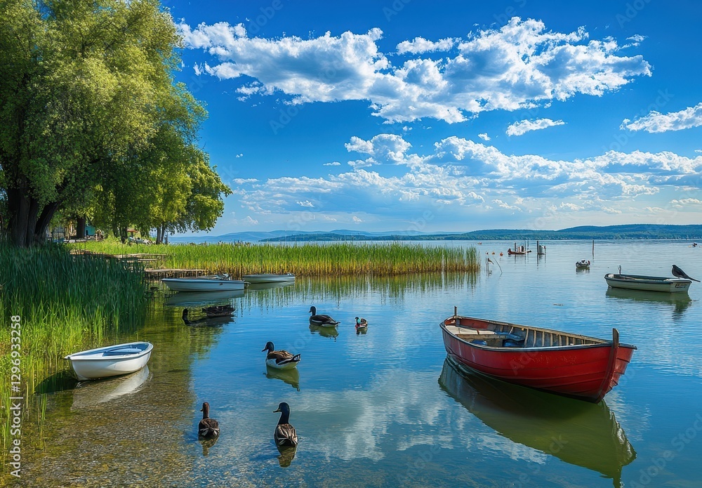 Serene Lakeside View Featuring Colorful Boats, Ducks, and Lush Greenery Under a Bright Blue Sky with Fluffy Clouds Serene Lakeside View Featuring Colorful Boats, Ducks, and Lush Greenery Under a Bright Blue Sky with Fluffy Clouds