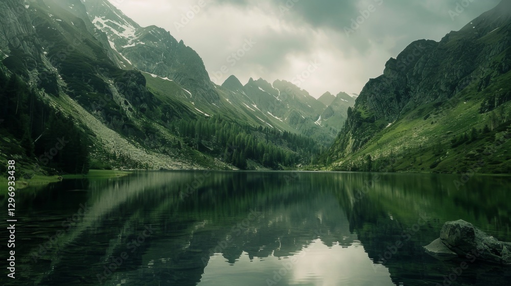Stunning Mountain Landscape with Reflective Lake Under Natural Light Stunning Mountain Landscape with Reflective Lake Under Natural Light