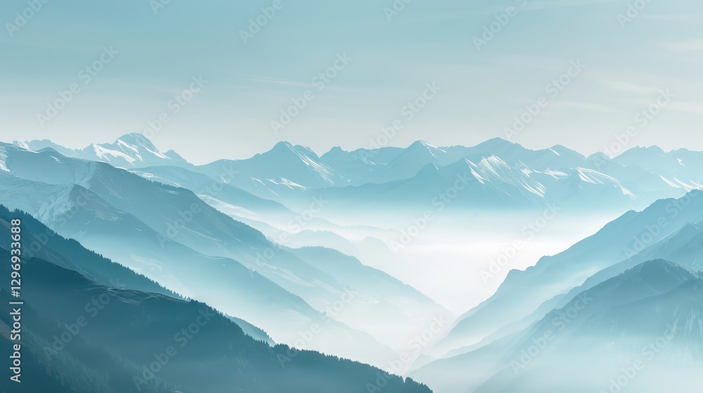 Obraz premium Misty Mountains with Snow-Capped Peaks in Serene Light