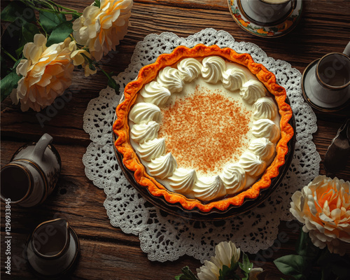 Delicious Cream Pie on Rustic Wooden Table with Lace Doily and Yellow Roses; Perfect Dessert Setting with Coffee Cups and Creamer for a Cozy Gathering