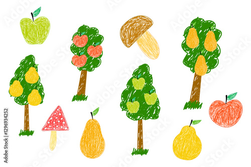 Sketch-style fruit trees with apples, pears, and mushrooms in a whimsical cartoon design on a white background.