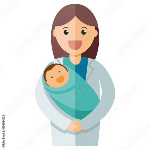 An obstetrician holding a newborn baby wrapped in a blanket, smiling, isolated on white background.
