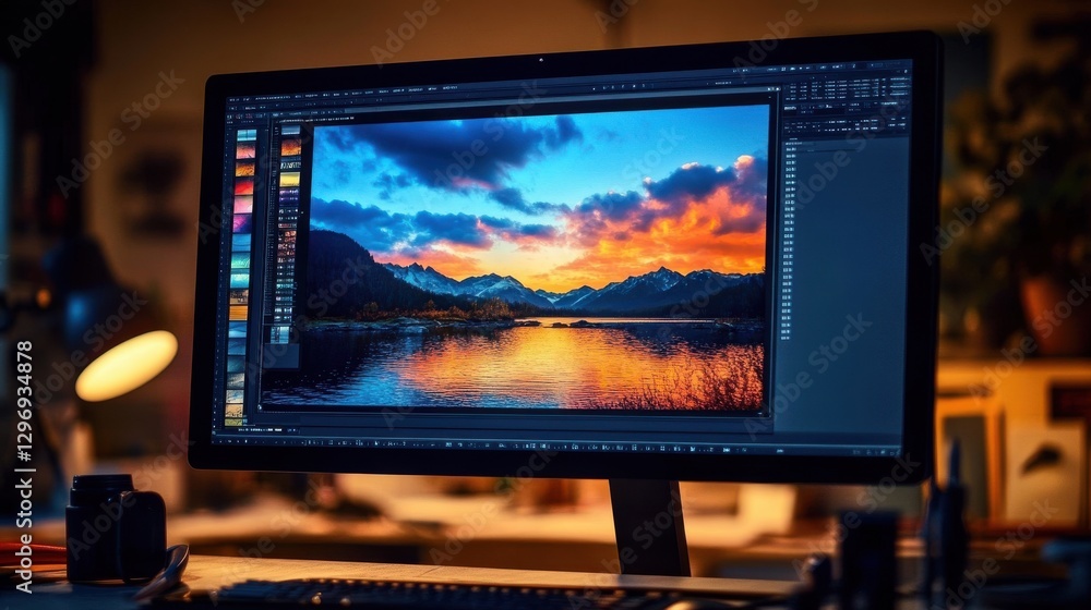 Fototapeta premium Minimalistic Workspace with Large Monitor Displaying Artwork