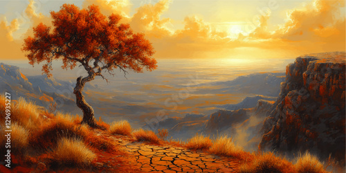 Majestic Landscape Vector Art with Vibrant Orange Tree Overlooking Grand Canyon Scene at Sunset with Dramatic Sky and Rugged Cliffs for Stunning Digital Artwork