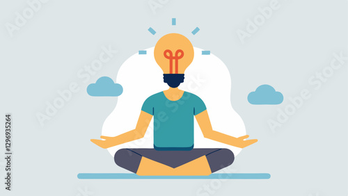 Yoga Pose with Brain Icon An illustration of a person in a yoga pose with a light bulb and a brain highlighted above them suggesting clarity of thought and mental enlightenment