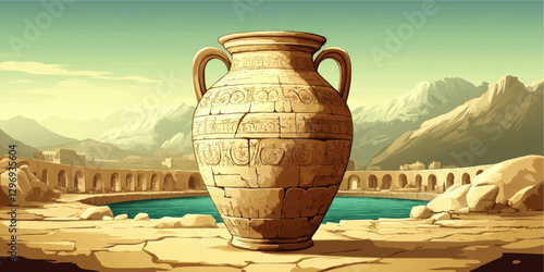 Ancient Clay Amphora in Scenic Archaeological Site with Mountains and Aqueducts - Vector Art Illustrating Historic Landscapes and Antique Pottery