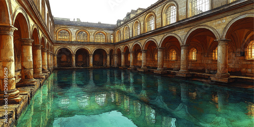 Vector Art of Historic Roman Bath with Arched Columns and Tranquil Water Reflections in Ancient Architecture Setting with Vintage Stone Interior Design