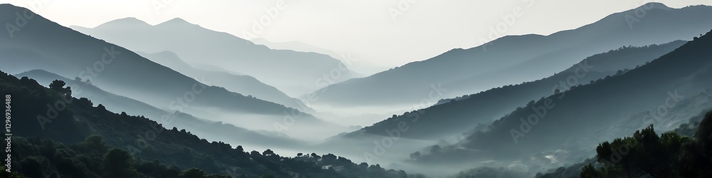 Obraz premium A serene, misty mountain range at dawn with a large area for text