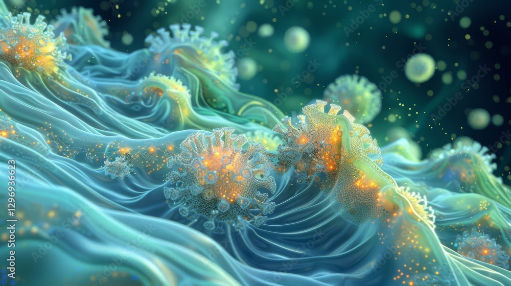 Obraz premium Microscopic view of vibrant virus structures.