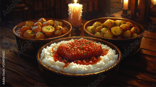 Rustic Candlelit Dinner Scene with Mashed Potatoes, Savory Meat Sauce, and Rosemary Herb Potatoes in Ornate Bowls on Wooden Table