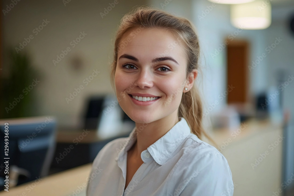 Obraz premium Portrait of a smiling young female hotel receptionist generative AI image