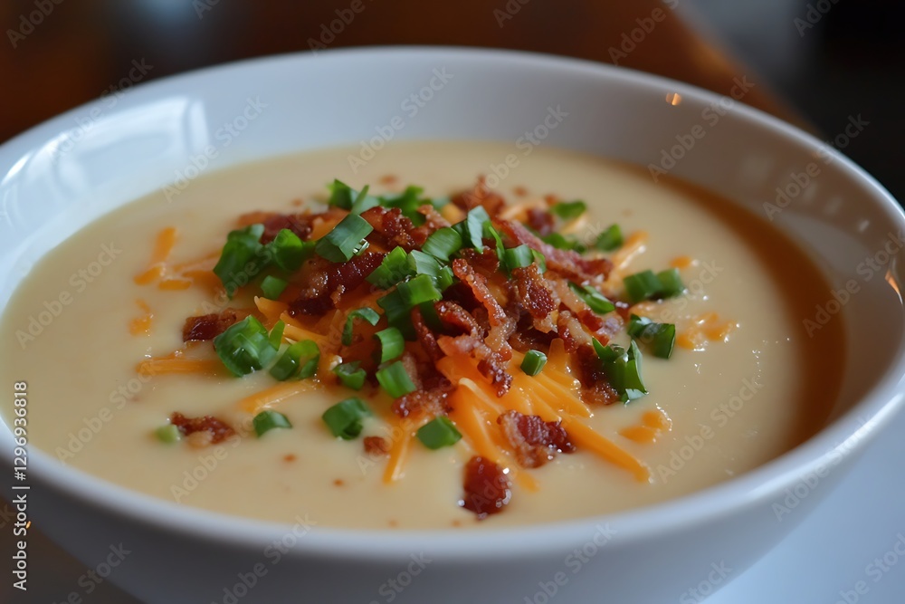 there is a bowl of soup with cheese and bacon on it there is a bowl of soup with cheese and bacon on it