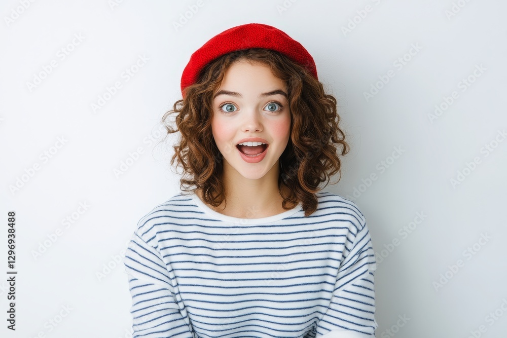 portrait of young smiling and surprised woman in white and blue striped blouse and red cap on white background portrait of young smiling and surprised woman in white and blue striped blouse and red cap on white background