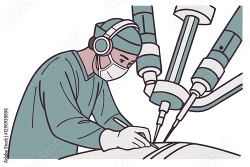 A surgeon operating a robotic-assisted surgery machine, wearing a headset and gloves, isolated on white background.

