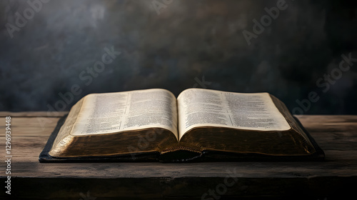 An open Bible on an old wooden table
