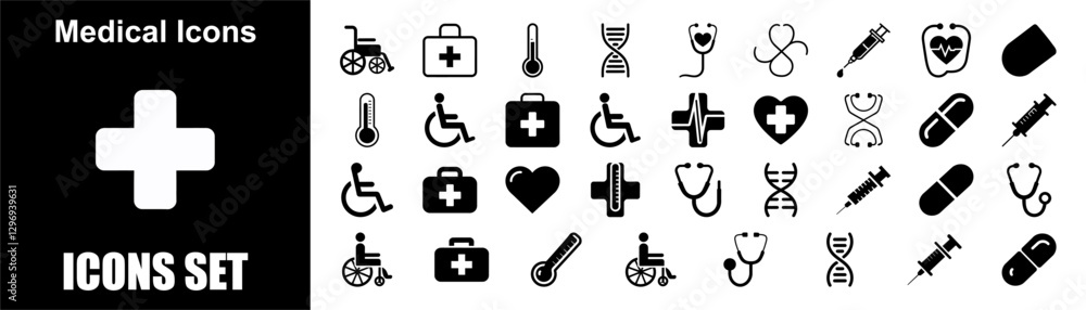 Obraz premium Medical & Healthcare Icon Set for Hospitals, Doctors, and Patient Care